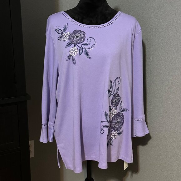 Alfred Dunner Blouse XL Embroidered Floral Top Wisteria Lane Purple NWT Classic - Picture 1 of 9